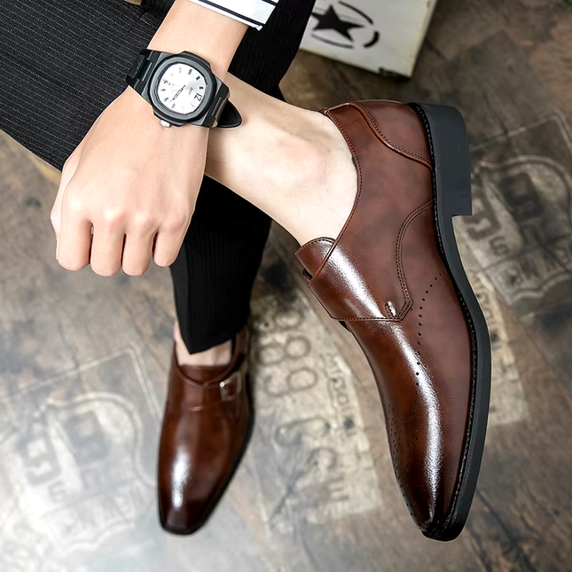 Męskie buty wizytowe z paskiem Monk Strap i amortyzowaną wkładką – polerowana czarna skóra Obuwie formalne 4