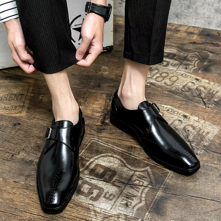 Męskie buty wizytowe z paskiem Monk Strap i amortyzowaną wkładką – polerowana czarna skóra Obuwie formalne 5