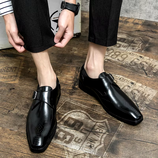 Męskie buty wizytowe z paskiem Monk Strap i amortyzowaną wkładką – polerowana czarna skóra Obuwie formalne 5