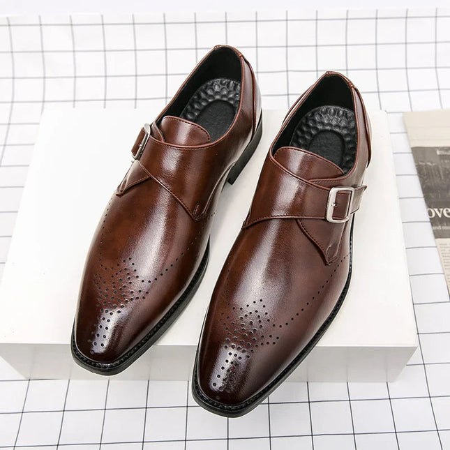 Męskie buty wizytowe z paskiem Monk Strap i amortyzowaną wkładką – polerowana czarna skóra Obuwie formalne 6