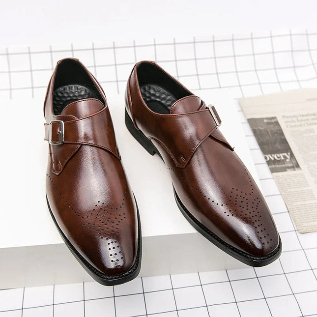 Męskie buty wizytowe z paskiem Monk Strap i amortyzowaną wkładką – polerowana czarna skóra Obuwie formalne 7
