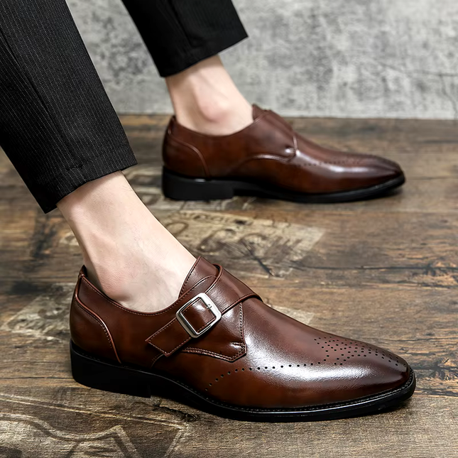 Męskie buty wizytowe z paskiem Monk Strap i amortyzowaną wkładką – polerowana czarna skóra Obuwie formalne 8