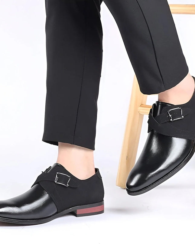 Męskie buty wizytowe z zamszowymi detalami – eleganckie czarne skórzane buty formalne 8