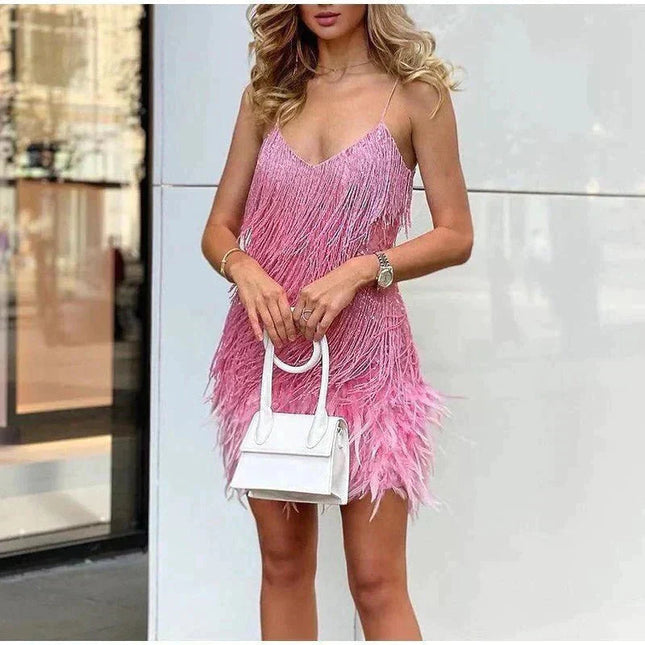 Mini Sukienka z Piórami na Wesele i Wieczorne Imprezy – Dopasowany Krój, Elegancki Styl, Czarna 6