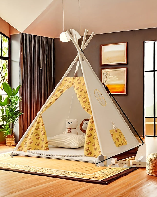 Namiot tipi dla dzieci z nadrukami niedźwiedzi – miękki materiałowy namiot do zabawy w pomieszczeniach i na zewnątrz z drewnianym stelażem 7