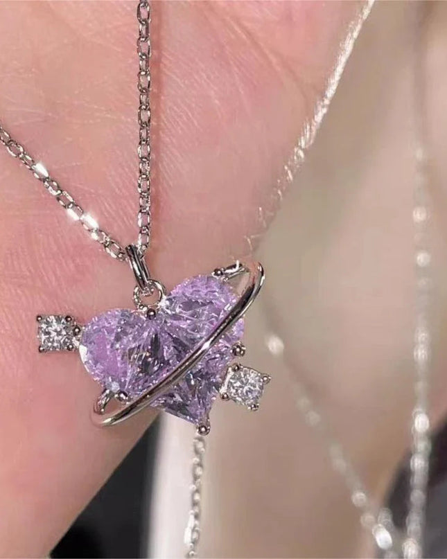 Naszyjnik Damski z Różową Cyrkonią w Kształcie Serca i Pierścieniem Orbitalnym – Srebrny Stylowy Dodatek 10