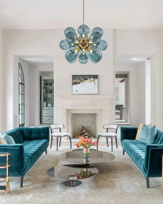 Niebieski Żyrandol w Kształcie Bańki z 18 Źródłami Światła G9 – Stylowe Żyrandole do Salonu i Pokoju 2