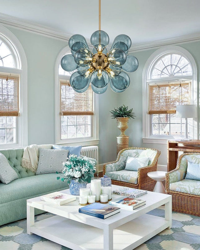 Niebieski Żyrandol w Kształcie Bańki z 18 Źródłami Światła G9 – Stylowe Żyrandole do Salonu i Pokoju 7