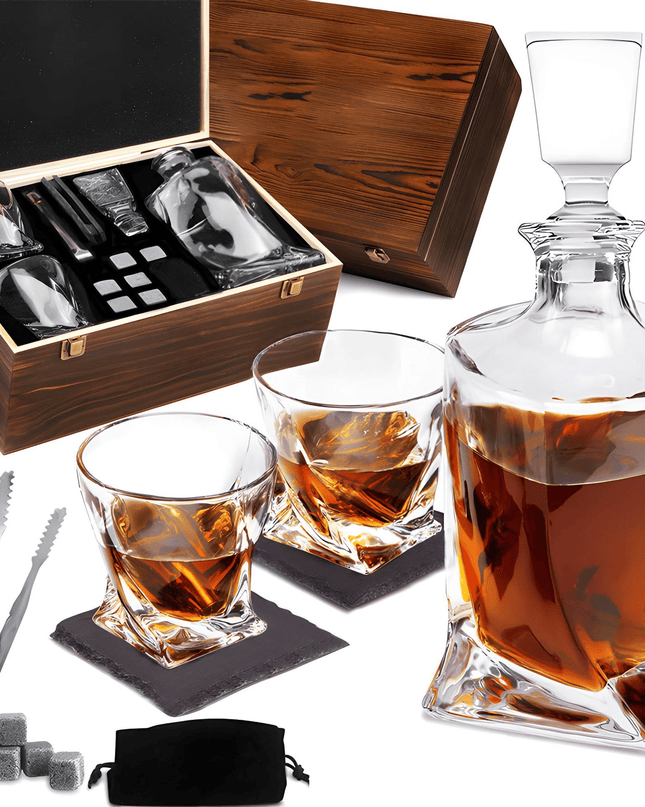 NoblePour – Luksusowy zestaw karafek do whisky – Krystalicznie czysta karafka, stylowe szklanki i wysokiej jakości kamienie chłodzące 0