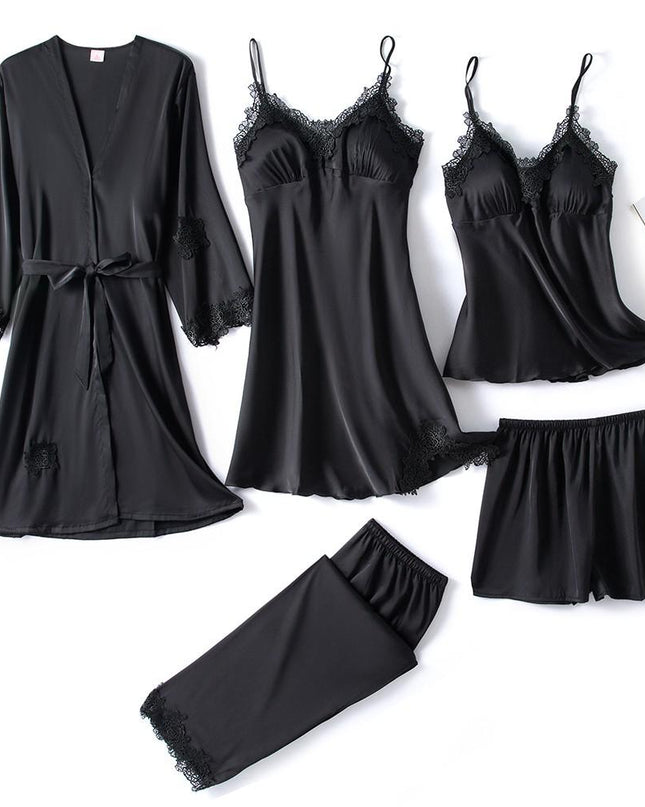 NoirSilk – 5-częściowy komplet piżamowy z czarnej satyny – luksusowa bielizna nocna z koronką 0
