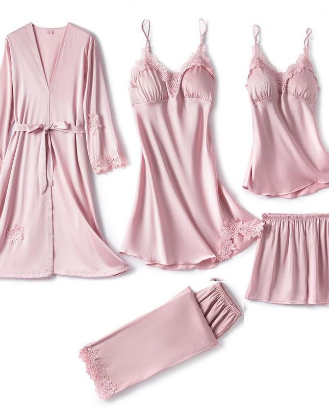 NoirSilk – 5-częściowy komplet piżamowy z czarnej satyny – luksusowa bielizna nocna z koronką 10