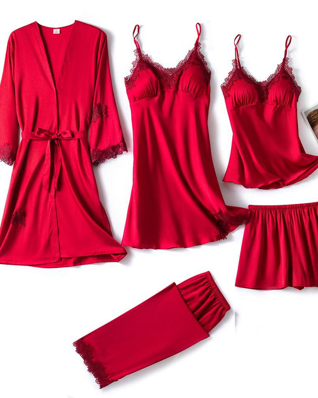 NoirSilk – 5-częściowy komplet piżamowy z czarnej satyny – luksusowa bielizna nocna z koronką 4