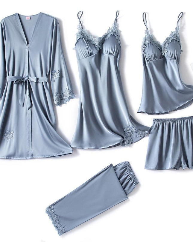 NoirSilk – 5-częściowy komplet piżamowy z czarnej satyny – luksusowa bielizna nocna z koronką 7