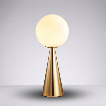 Nowoczesna lampa stołowa z matowego szkła i złotym wykończeniem, o rzeźbiarskim design 0