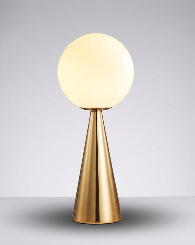 Nowoczesna lampa stołowa z matowego szkła i złotym wykończeniem, o rzeźbiarskim design 0