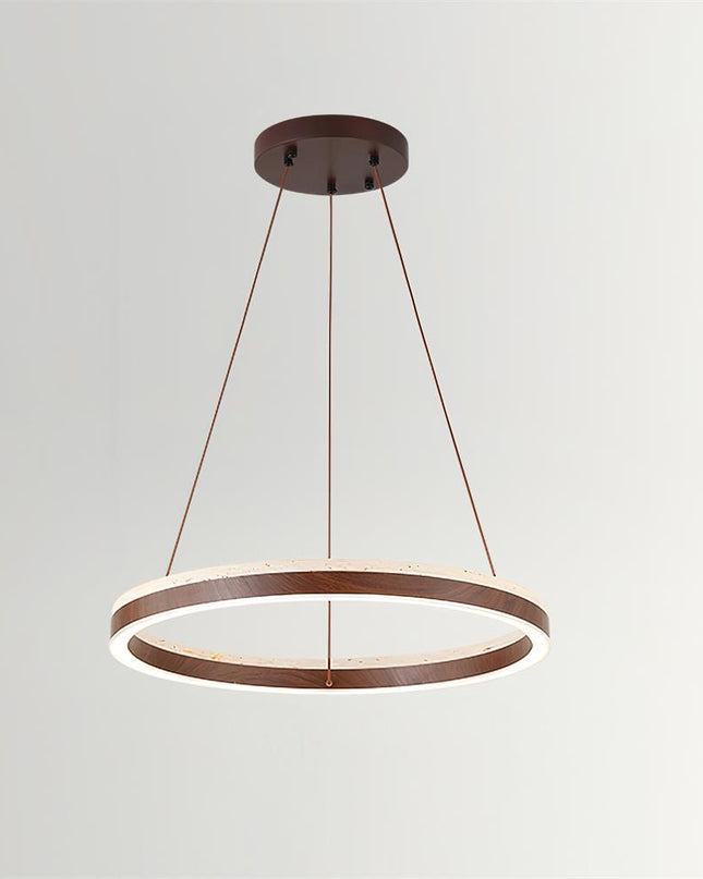 Nowoczesna Lampa Wisząca z Drewna i Trawertynu do Salonu – Minimalistyczne Oświetlenie LED w Stylu Pływającego Pierścienia 0
