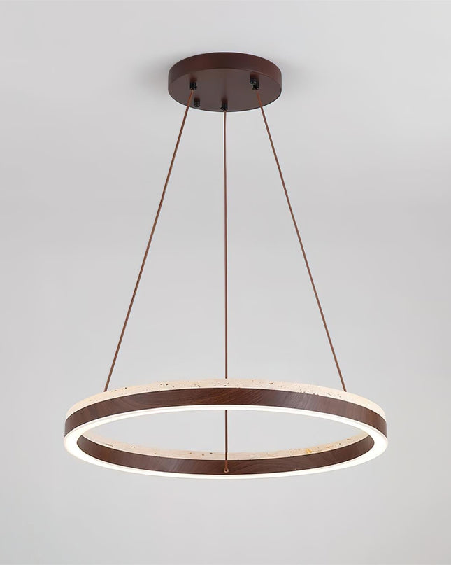 Nowoczesna Lampa Wisząca z Drewna i Trawertynu do Salonu – Minimalistyczne Oświetlenie LED w Stylu Pływającego Pierścienia 2