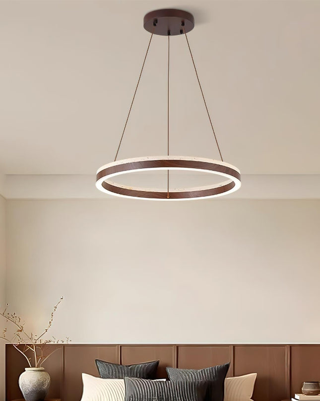 Nowoczesna Lampa Wisząca z Drewna i Trawertynu do Salonu – Minimalistyczne Oświetlenie LED w Stylu Pływającego Pierścienia 3