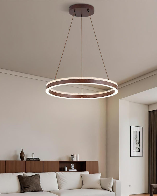 Nowoczesna Lampa Wisząca z Drewna i Trawertynu do Salonu – Minimalistyczne Oświetlenie LED w Stylu Pływającego Pierścienia 4