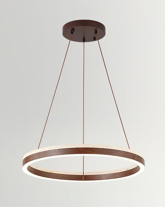 Nowoczesna Lampa Wisząca z Drewna i Trawertynu do Salonu – Minimalistyczne Oświetlenie LED w Stylu Pływającego Pierścienia 8