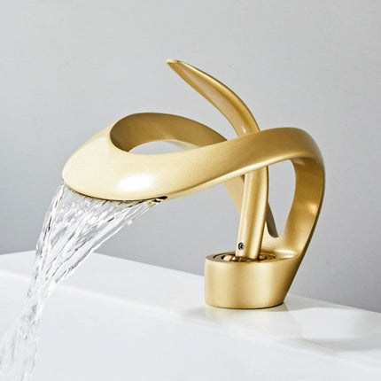Nowoczesna, szczotkowana złota bateria umywalkowa do łazienki z wylewką typu wodospad do eleganckiej łazienki – trwała, mosiężna, mocowanie na jeden otwór 5