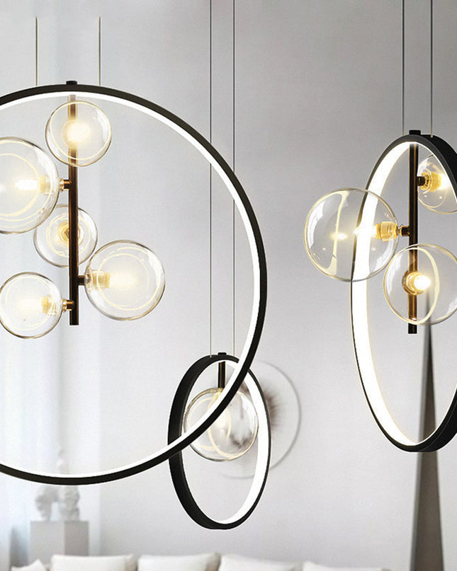 Nowoczesna lampa wisząca ze szkła bąbelkowego z metalowym pierścieniem – Styl skandynawski 2