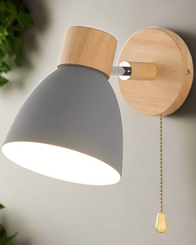 Nowoczesny Kinkiet Ścienny z Drewna i Metalu, Styl Nordic, Idealny do Sypialni i Salonu, Wbudowany Włącznik E27 6