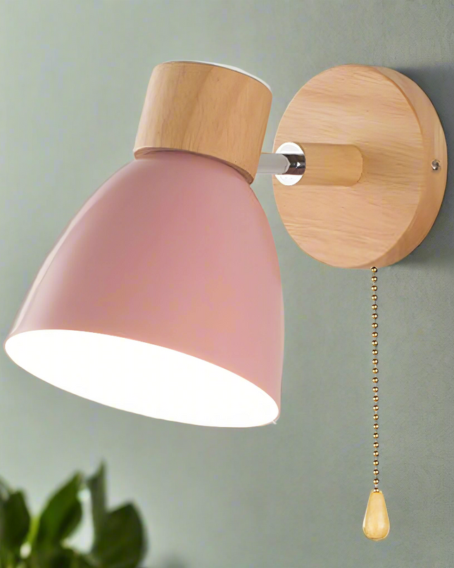 Nowoczesny Kinkiet Ścienny z Drewna i Metalu, Styl Nordic, Idealny do Sypialni i Salonu, Wbudowany Włącznik E27 7