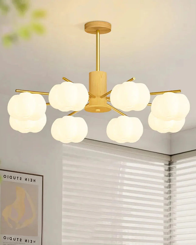 Nowoczesny Żyrandol do Salonu z Drewnianych Kulek – Złoty Metal i Biały Klosz, 5 lub 8 Głowic 2