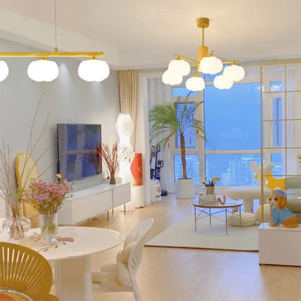 Nowoczesny Żyrandol do Salonu z Drewnianych Kulek – Złoty Metal i Biały Klosz, 5 lub 8 Głowic 7