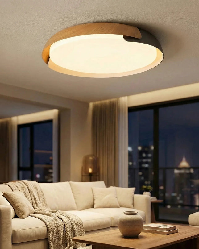 Okrągła lampa sufitowa LED z pilotem w stylu drewnopodobnym, energooszczędna, 1