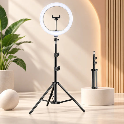 Pierścieniowa lampa LED z regulowanym statywem i uchwytem na telefon, idealna do fotografii i wideografii 0
