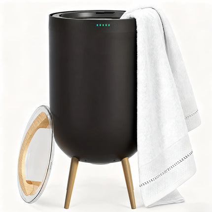 Podgrzewacz do ręczników wolnostojący z Bluetooth i LED w czarnym kolorze, z eleganckimi zł 0