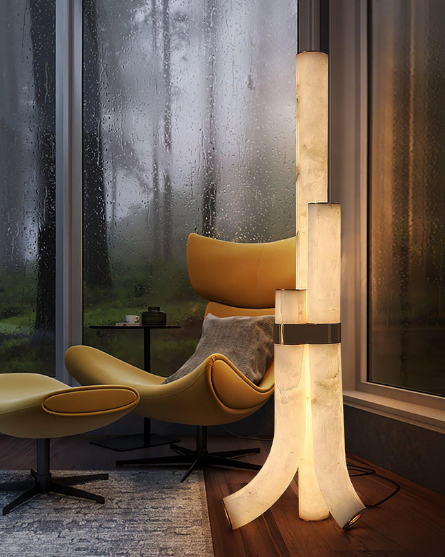 Potrójna Lampa Podłogowa z Alabastru, Nowoczesny Design, Zintegrowane LED, Wysokość 150 cm, Geometryczna Estetyka 3