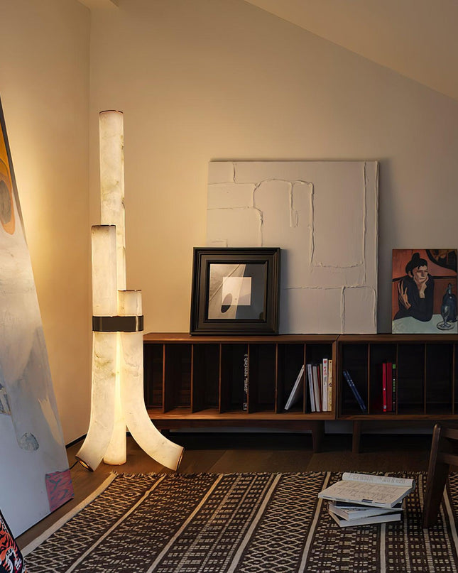 Potrójna Lampa Podłogowa z Alabastru, Nowoczesny Design, Zintegrowane LED, Wysokość 150 cm, Geometryczna Estetyka 4