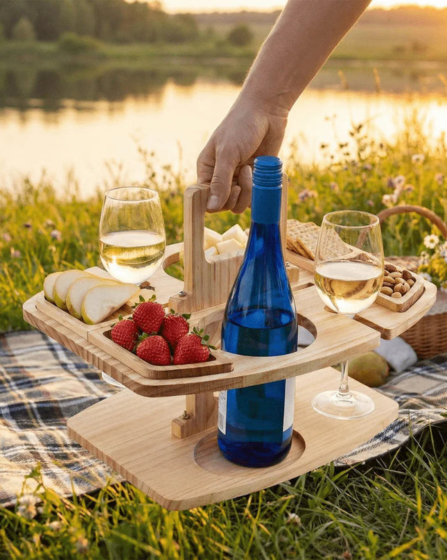 Przenośny drewniany stolik na wino z uchwytem na kieliszki do użytku na zewnątrz – kompaktowy dodatek piknikowy 5