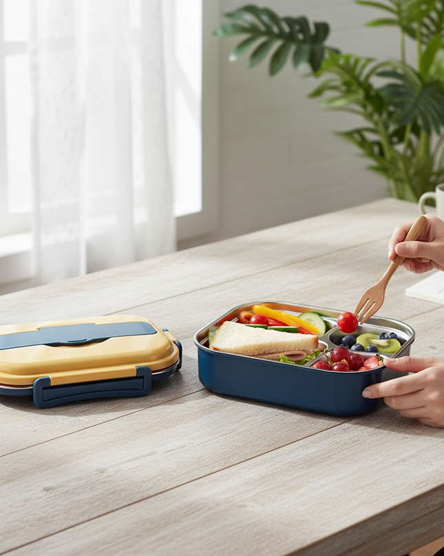 Pudełko na lunch Bento ze stali nierdzewnej z konstrukcją szczelną i 4 przegrodami – idealne na wędrówki i podróże 0