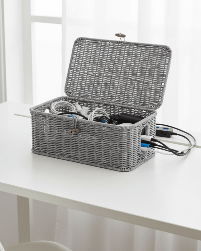 Pudełko z organizerem na kable z pokrywką do przechowywania w domu i biurze – Woven Style Design 1