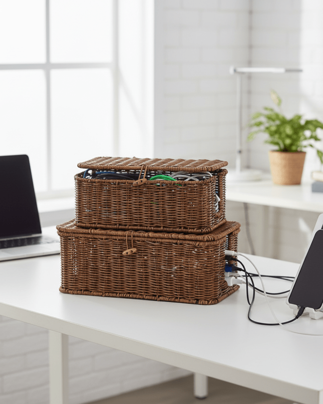 Pudełko z organizerem na kable z pokrywką do przechowywania w domu i biurze – Woven Style Design 3