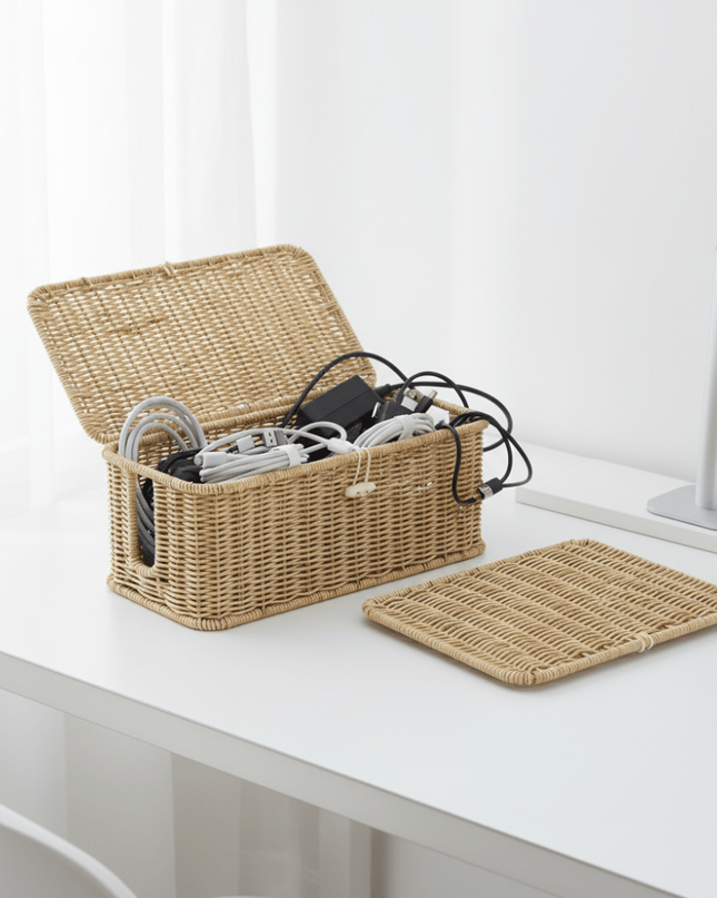 Pudełko z organizerem na kable z pokrywką do przechowywania w domu i biurze – Woven Style Design 5