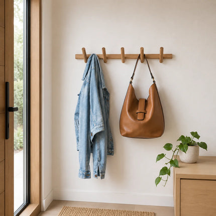 Regał ścienny z litego dębu w minimalistycznym skandynawskim designie, z haczykowym system 4