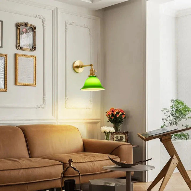 Regulowany Kinkiet Ścienny Vintage z Zielonego Szkła i Mosiądzu, Idealny do Sypialni i Salonu 2