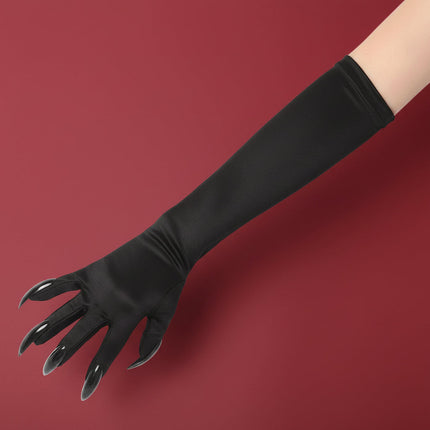 Czarne długie rękawiczki kostiumowe na Halloween z satynowym wykończeniem, idealne do cosplay i 2