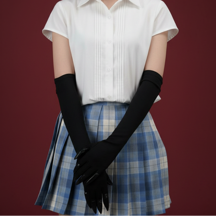 Czarne długie rękawiczki kostiumowe na Halloween z satynowym wykończeniem, idealne do cosplay i 3