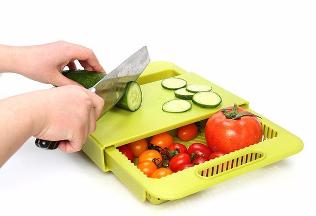 Rozkładana Deska do Krojenia 3 w 1 z Durszlakiem – Zielono-Biała, Plastikowa, Łatwa w Czyszczeniu, Kompaktowa 3