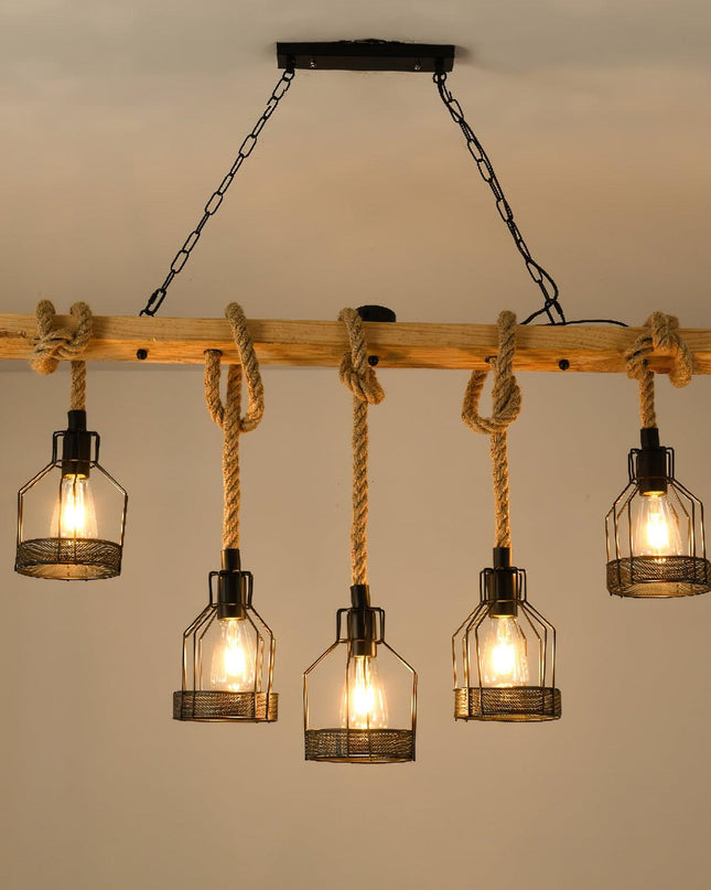 Rustykalna Lampa Wisząca Vintage z Regulowaną Wysokością do Salonu i Jadalni – Czarne Lampy Nad Stół z Liny i Drewna 0