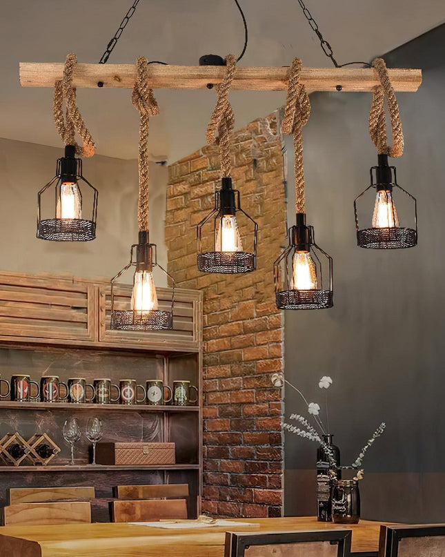 Rustykalna Lampa Wisząca Vintage z Regulowaną Wysokością do Salonu i Jadalni – Czarne Lampy Nad Stół z Liny i Drewna 3