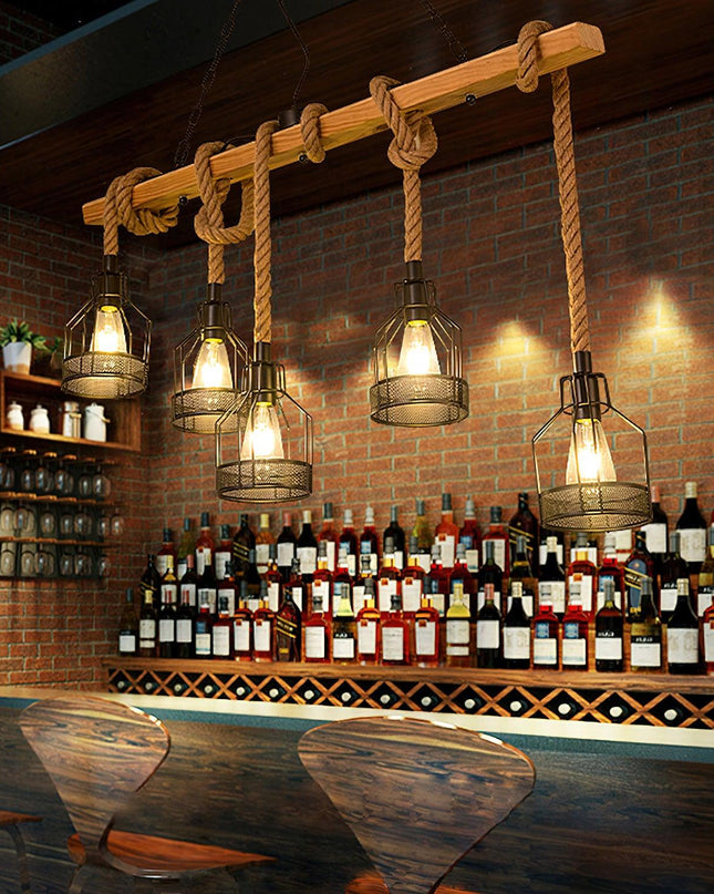 Rustykalna Lampa Wisząca Vintage z Regulowaną Wysokością do Salonu i Jadalni – Czarne Lampy Nad Stół z Liny i Drewna 4