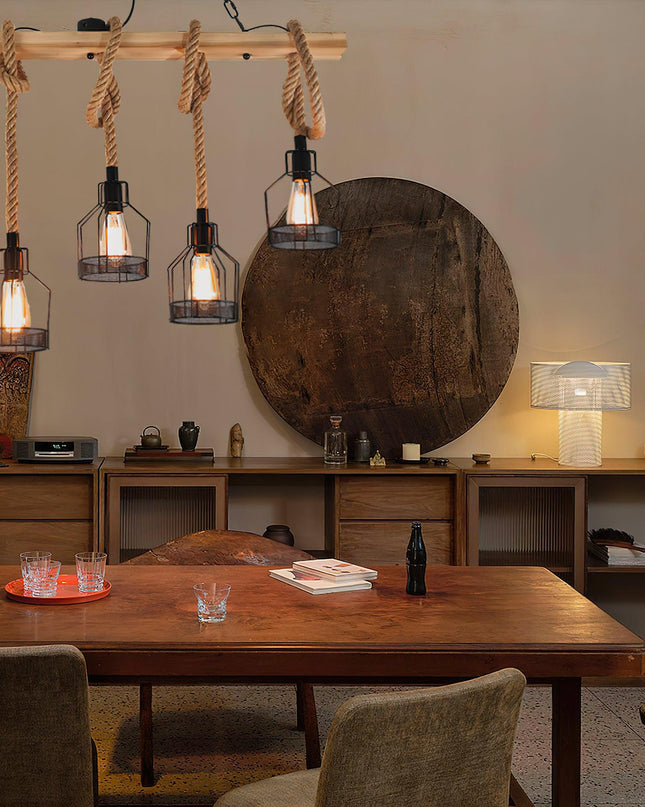 Rustykalna Lampa Wisząca Vintage z Regulowaną Wysokością do Salonu i Jadalni – Czarne Lampy Nad Stół z Liny i Drewna 5