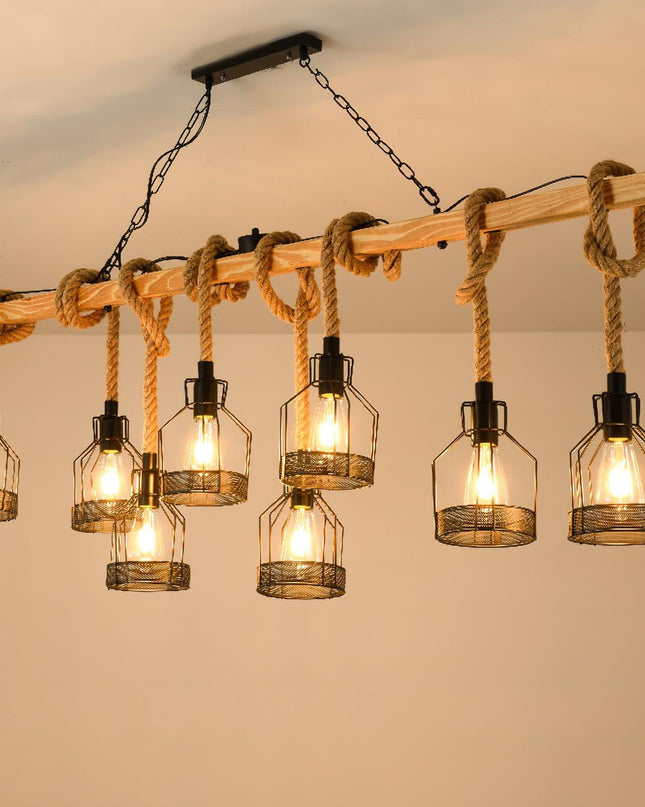 Rustykalna Lampa Wisząca Vintage z Regulowaną Wysokością do Salonu i Jadalni – Czarne Lampy Nad Stół z Liny i Drewna 6